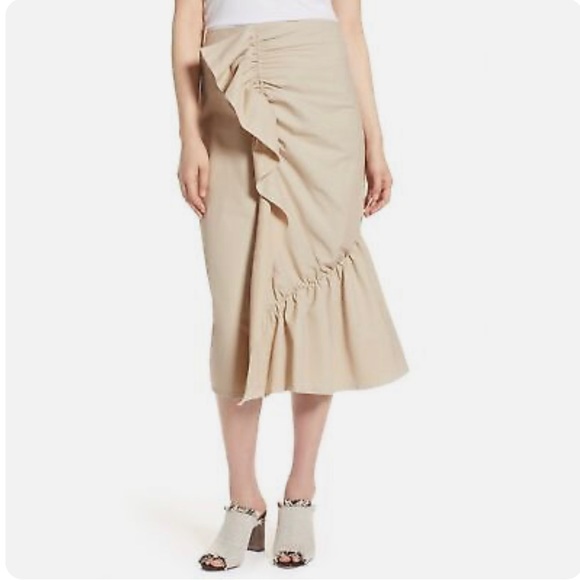 Halogen Ruffle Front Midi Skirt Tan Thread - Picture 1 of 6